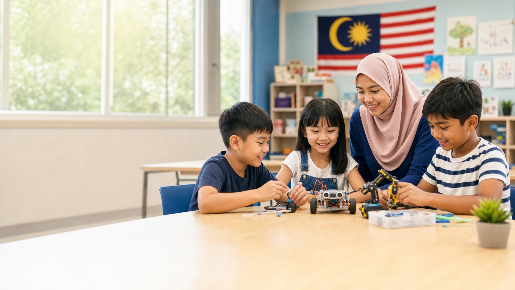 Malaysian children learning robotics with a teacher at Tekkido Child Care Centre