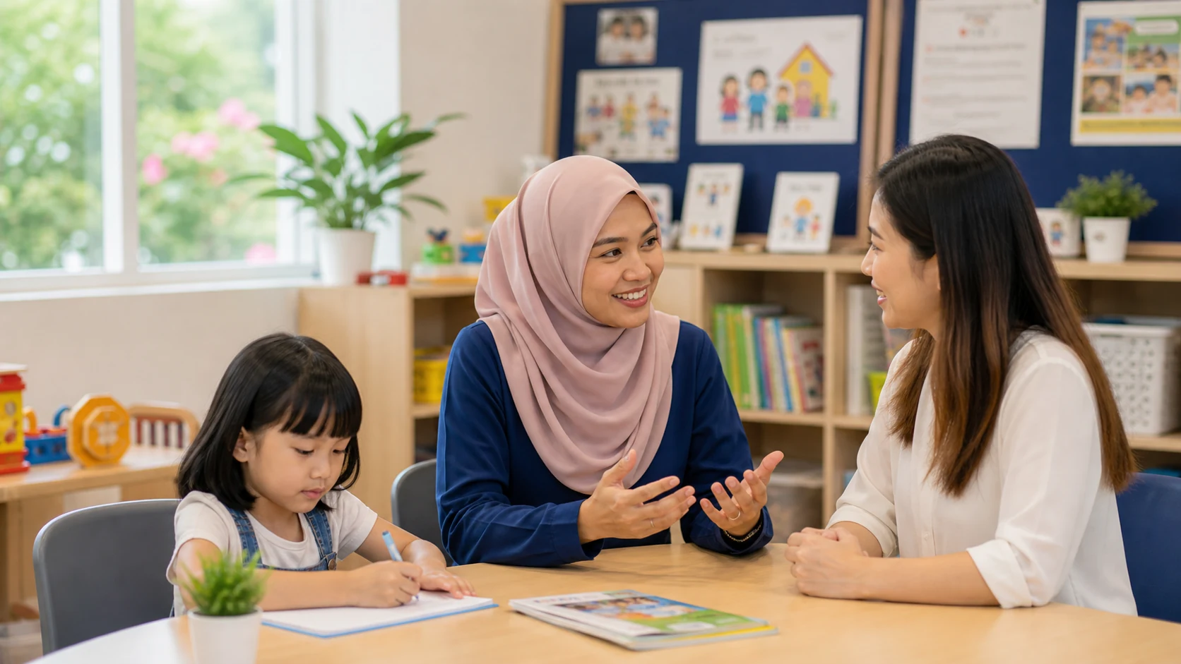 Parent enrolment discussion with Tekkido teacher in a Malaysian daycare