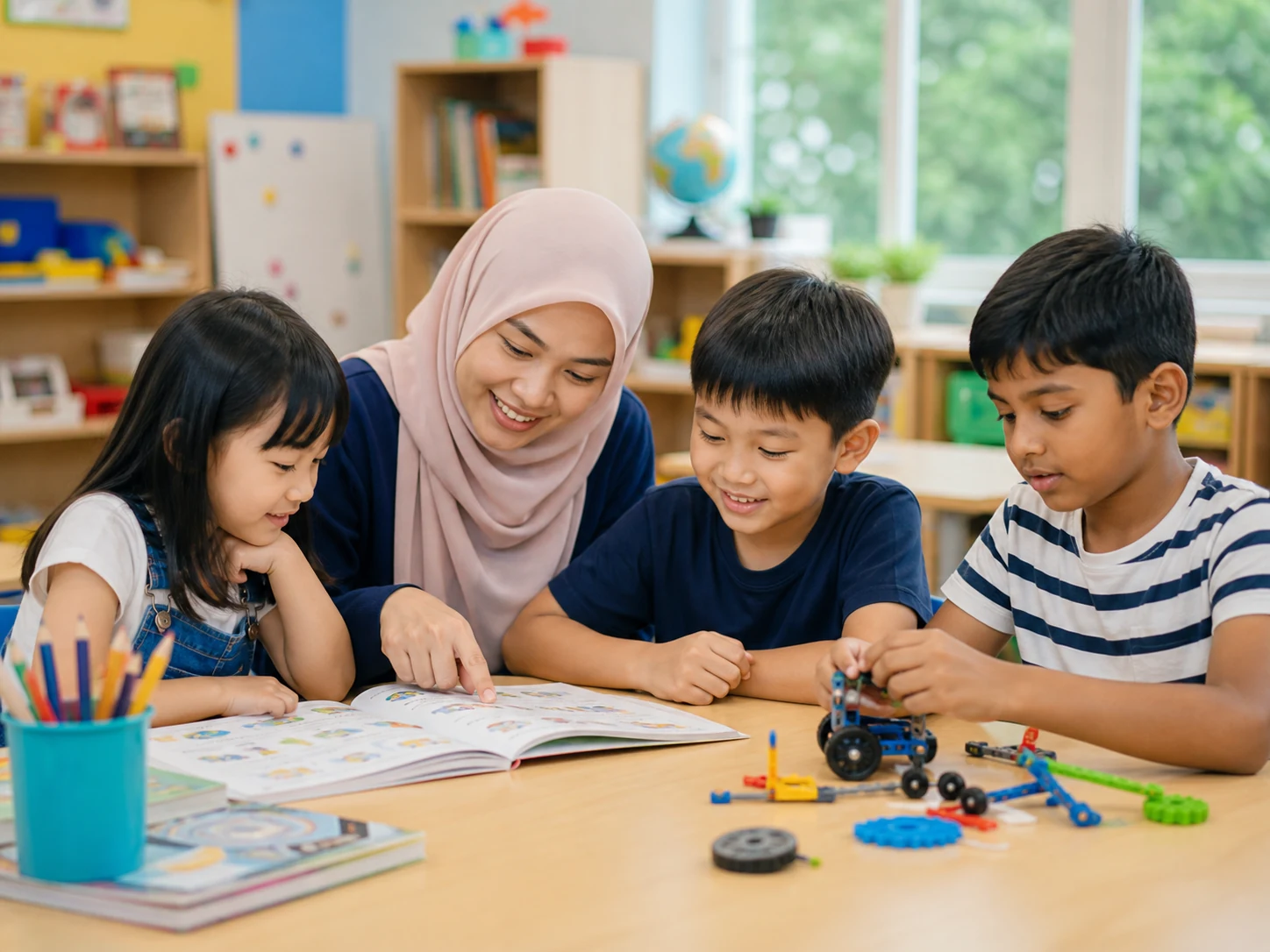 Teacher supporting Malaysian children during learning activity